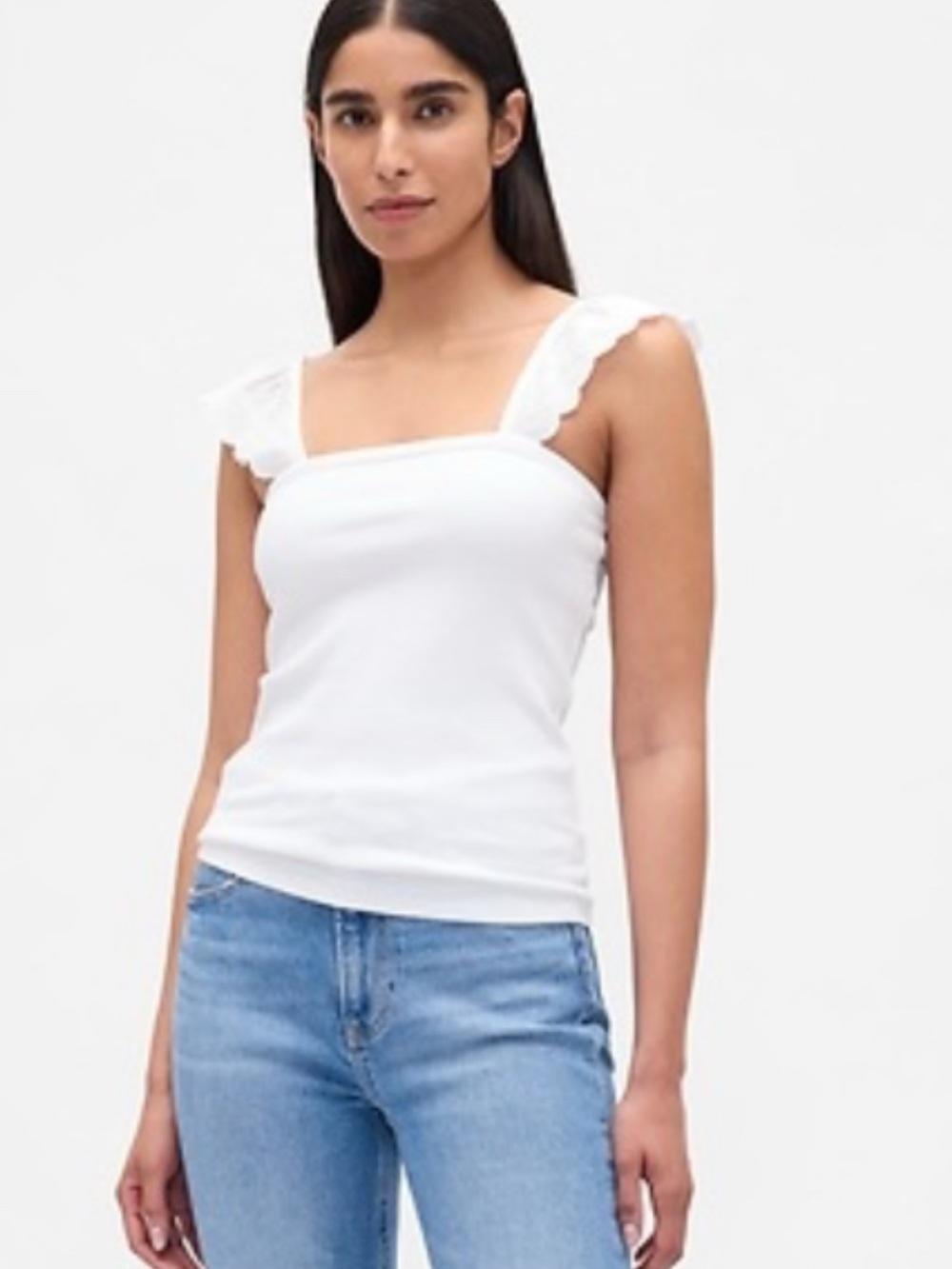 Gap White Square-Neck Ruffle Strap Tank Top - Women